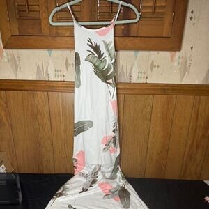 White maxi dress with pink and green leaves Size Large